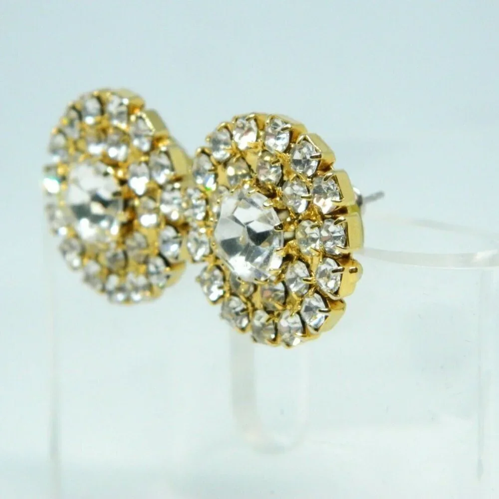 Clear Rhinestone Round Gold Tone Post Earrings
